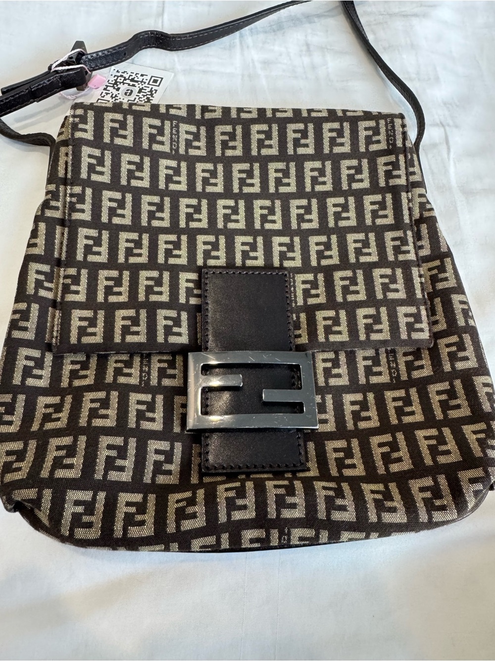 Fendi Monogram Zucca FF Flap Crossbody Messenger Bag in Brown and Beige Canvas